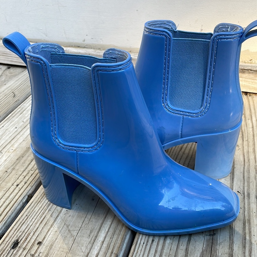 Jeffrey Campbell "Hurricane" Blue Patent Chelsea Ankle Waterproof Rain Boots SZ7
